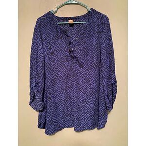 Faded Glory Tunic Top Laces V Neck Blue Black Print 3/4 Sleeve Chiffon 3X